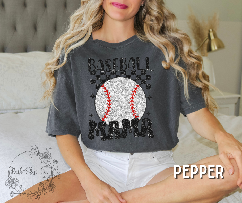 CHECKERED BASEBALL MAMA- GLITTER INSPIRED