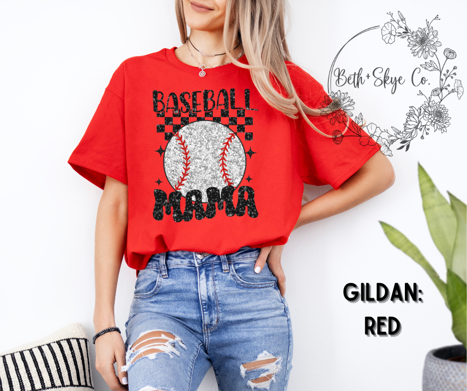 CHECKERED BASEBALL MAMA- GLITTER INSPIRED